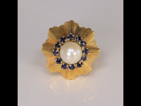 14K Yellow Gold Pearl and Sapphire Cocktail Ring