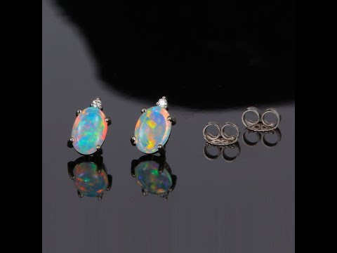 14K White Gold Opal And Diamond Stud Earrings .76 Carats