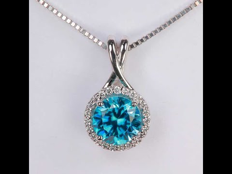 14K White Gold Blue Zircon and Diamond Halo Pendant 2.60 Carats