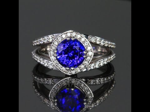 14K White Gold Round Brilliant Tanzanite with Diamond Halo and Shank 3.35 Carats