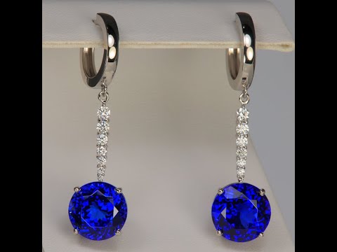 Platinum Round Brilliant Tanzanite and Diamond Drop Hoop Earrings 15.03 Carats