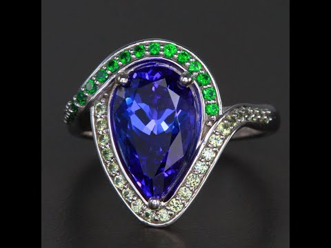 14K WHITE GOLD PEAR SHAPE TANZANITE, TSAVORITE AND DEMANTOID RING 3.73 CARATS