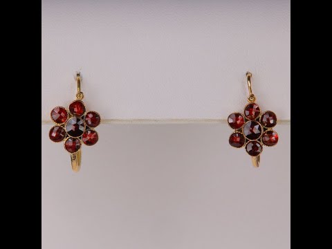 14K Yellow Gold Garnet Flower Earrings