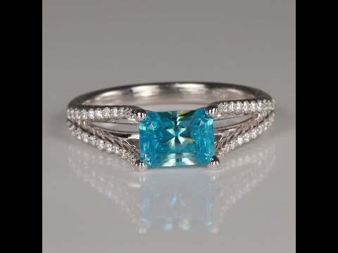 14K White Gold Barion Emerald Cut Blue Zircon and Diamond Ring 2.20 Carats