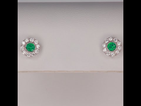 14K White Gold Emerald With Diamond Halo Stud Earrings .18 Carats