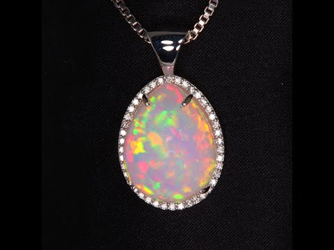 14K White Gold Opal Pendant with Fine Diamonds