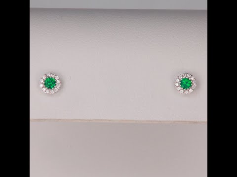 14K White Gold Emerald Stud Earrings With Diamond Halo .13 Carats