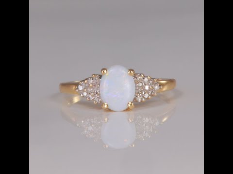 10K Yellow Gold Oval Cabochon Opal and Diamond Accent Ring