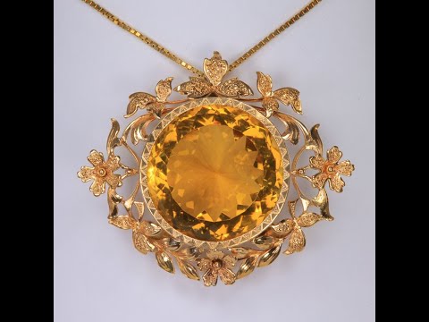 14K Yellow Gold Citrine Flower Pendant/Pin 50.00 Carats