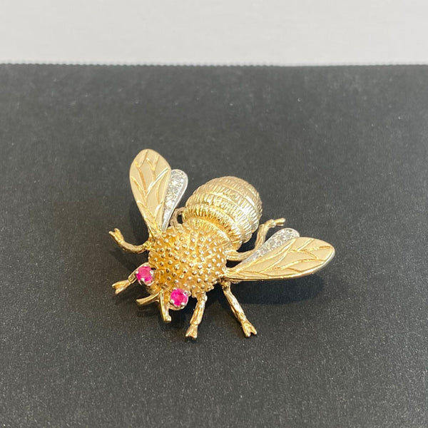 14K Yellow Gold Ruby and Diamond Bee Pin Brooch Moriartys Gem Art