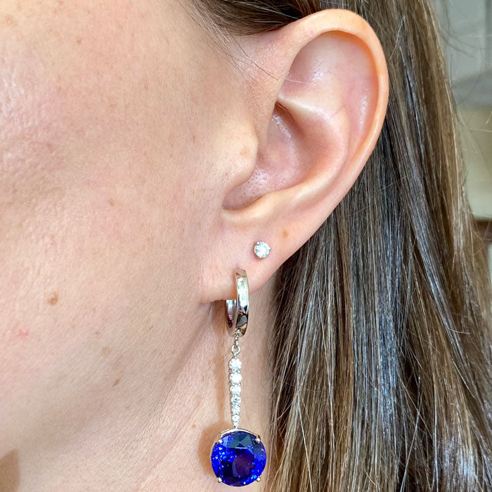 violet blue tanzanite drop hoop earring in platinum