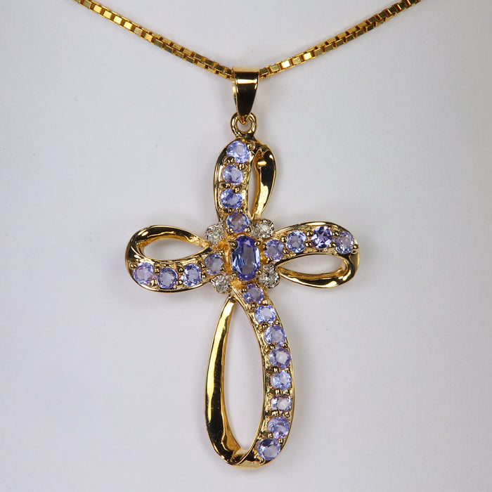 10K Yellow Gold Tanzanite and Diamond Cross Pendant 1.65 Carats