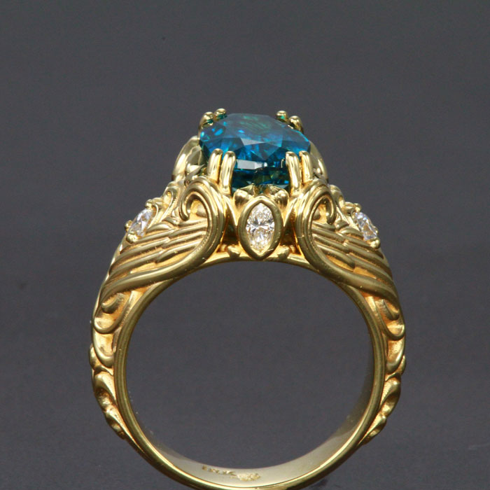 18K Yellow Gold Blue Zircon and Diamond Ring 5.59 Carats Designed by Christopher Michael