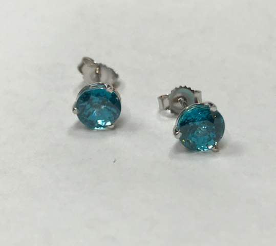 14K White Gold Round Brilliant Blue Zircon Stud Earrings 3.01 Carats