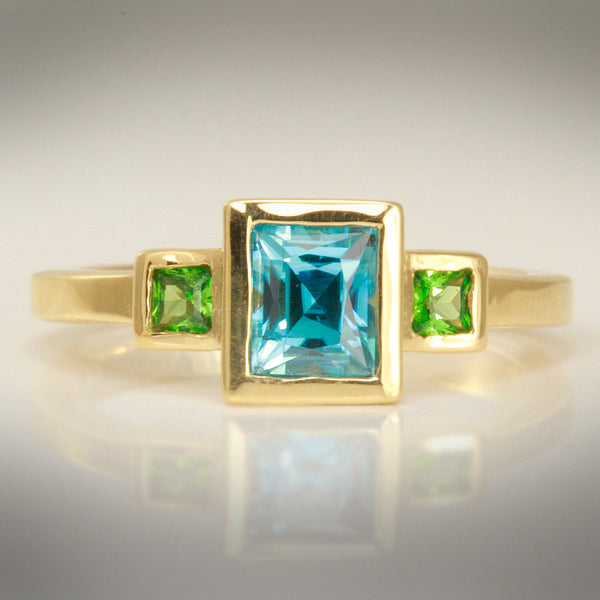 18K Yellow Gold Emerald Cut Blue Zircon and Tsavorite Garnet Ring