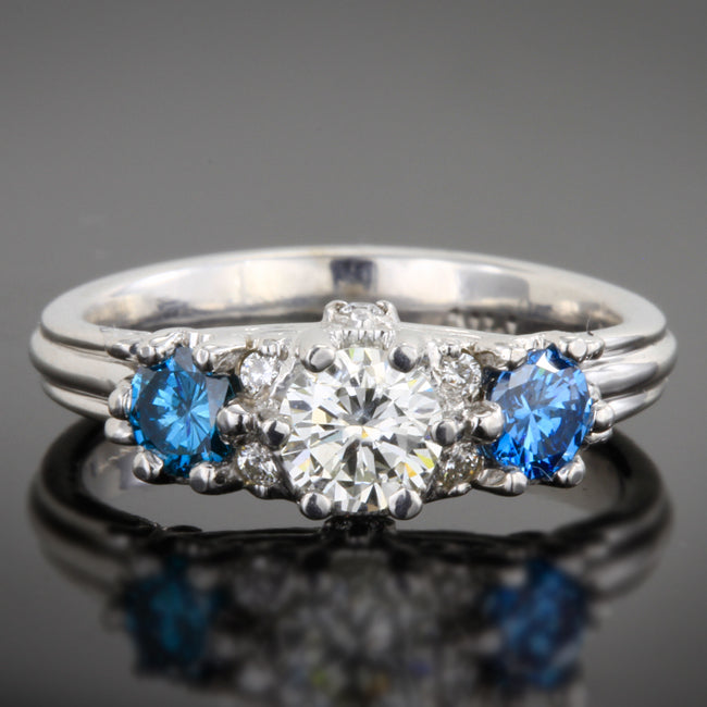 14K White Gold Diamond Three Stone Ring With White and Enhanced Blue D Moriartys Gem Art