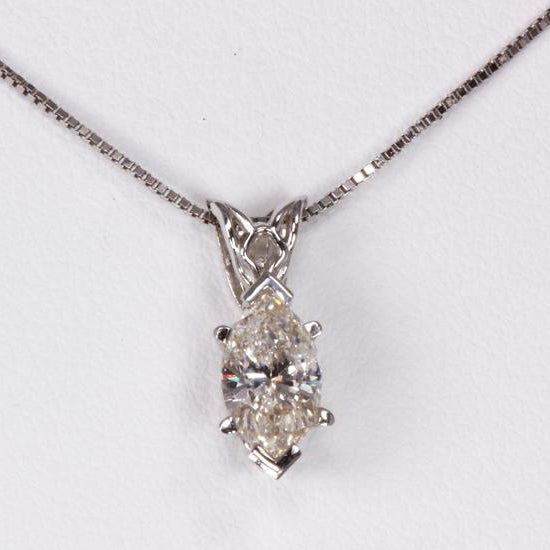 14K White Gold Marquise Diamond Solitaire Pendant .71 Carat