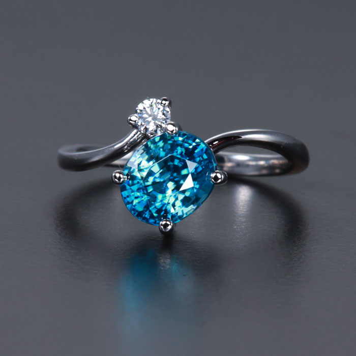 White Gold Blue Zircon and Diamond Ring