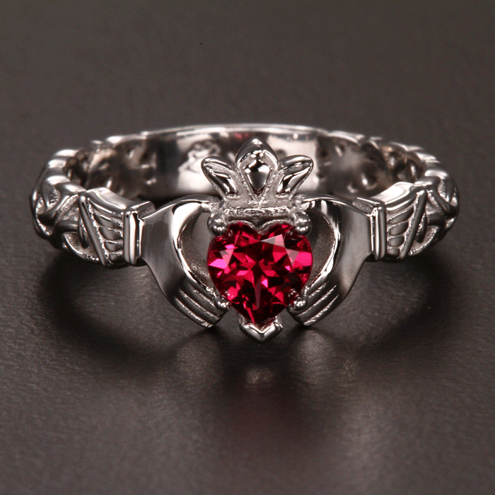 White Gold Rhodolite Garnet Claddagh Ring