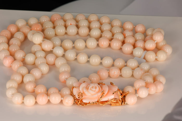 Carved Angel Skin Coral Necklace 14k Gold Beads & Clasp – Estate