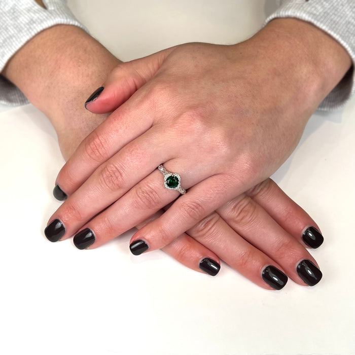 Stylish 7x5mm Tourmaline Bezel Diamond Halo Engagement Ring