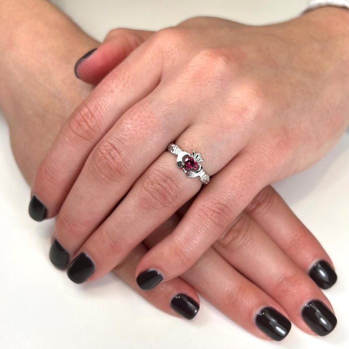 14k White Gold Rhodolite Garnet Claddagh Ring Designed by Christopher Michael