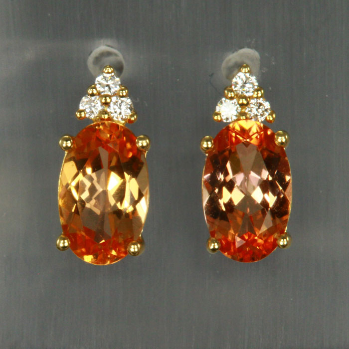 14K Yellow Gold Peach Imperial Topaz and Diamond Stud Earrings 2.02 Carats