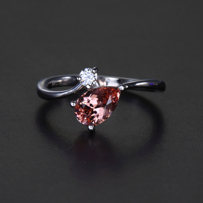 14K White Gold Pear Shape Peach Malaia Garnet and Diamond Ring 1.30 Carats