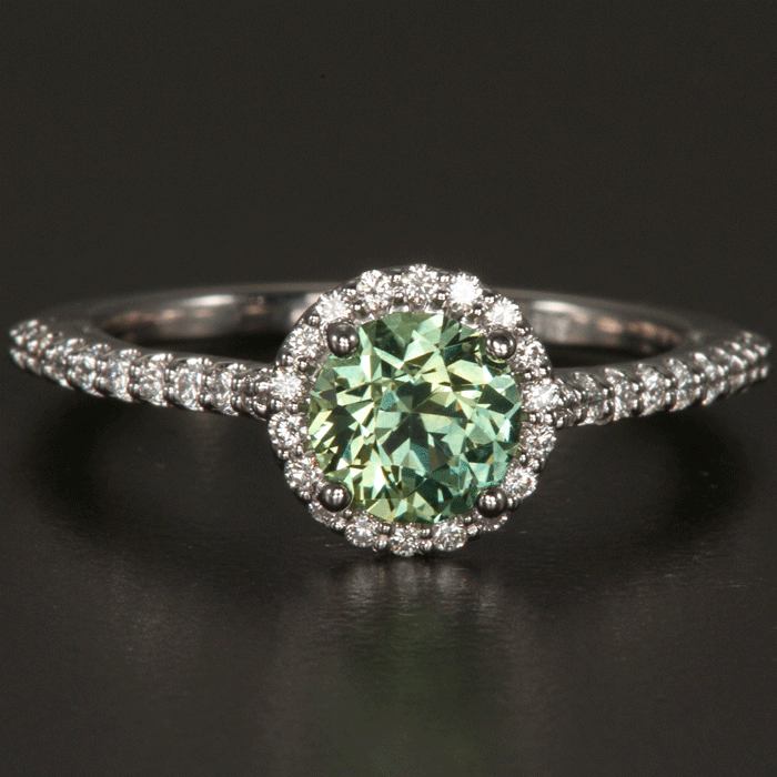 14k White Gold Round Green Montana Sapphire Ring with Diamond Halo 1.36 Carats