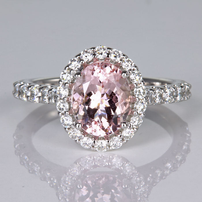 Morganite and Diamond Halo Ring with Diamond Shank