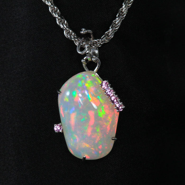 ON HOLD 14K White Gold Freeform Opal Pendant with Pink Spinel Accents 24.80 Carats