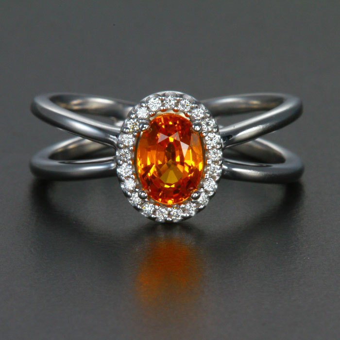 14k White Gold Split Shank Orange Sapphire  with Diamond HaloRing 1.11 Carats