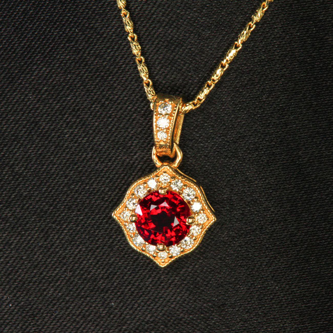 14K Yellow Gold Round Brilliant Ruby and Diamond Halo Pendant