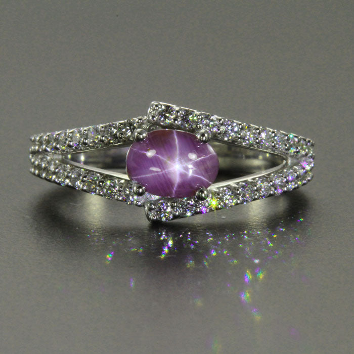 14K White Gold Star Sapphire and Diamond Ring 1.09 Carats