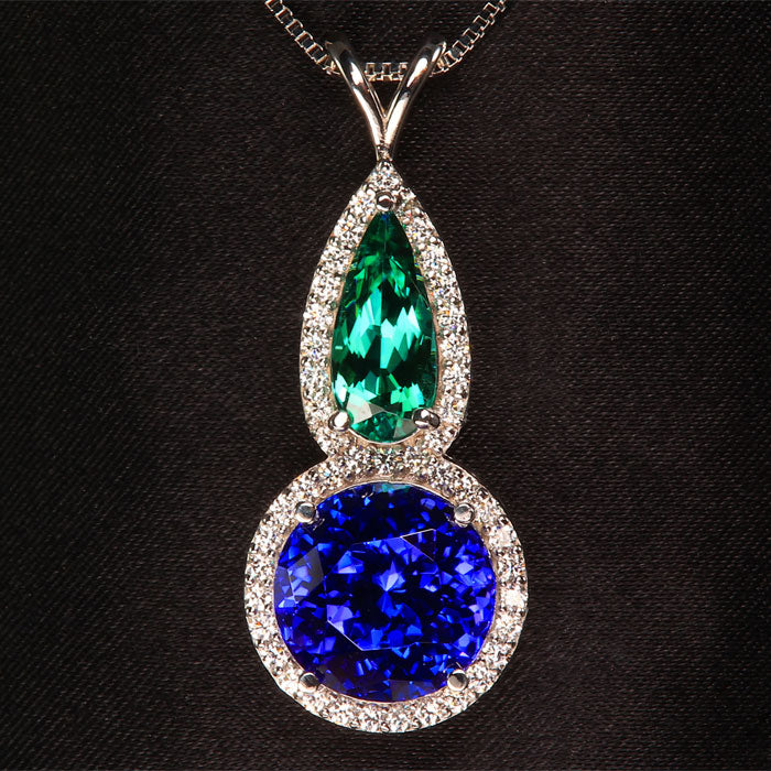 14K White Gold Tanzanite, Tourmaline and Diamond Pendant 8.63cts