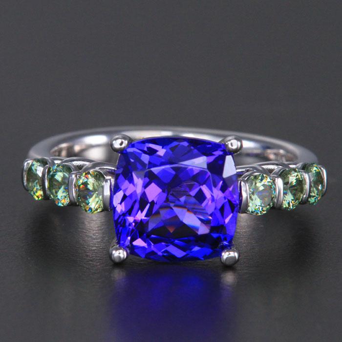 14K WHITE GOLD SQUARE CUSHION TANZANITE AND DEMANTOID GARNET RING 3.89 CARATS