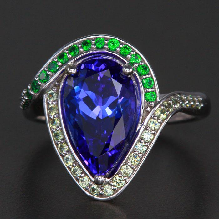 14K WHITE GOLD PEAR SHAPE TANZANITE, TSAVORITE AND DEMANTOID RING 3.73 CARATS