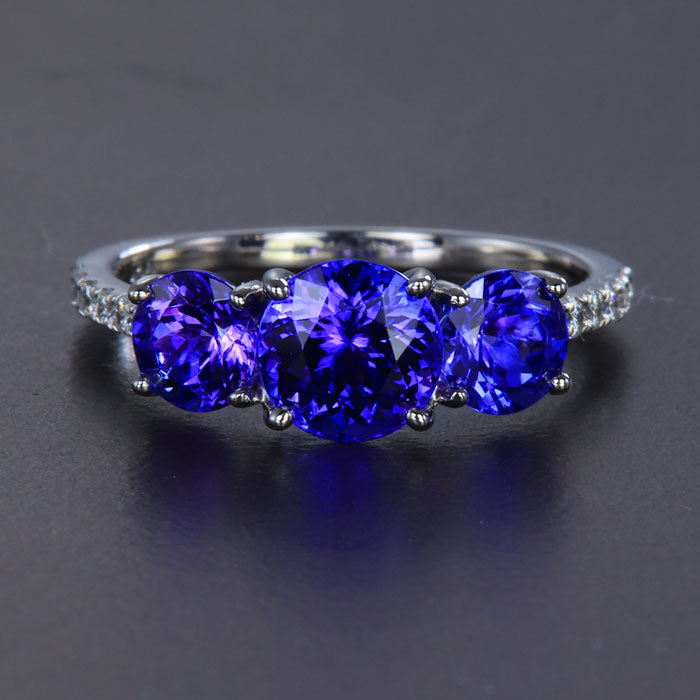 Platinum Three Stone Tanzanite and Diamond Shank Ring