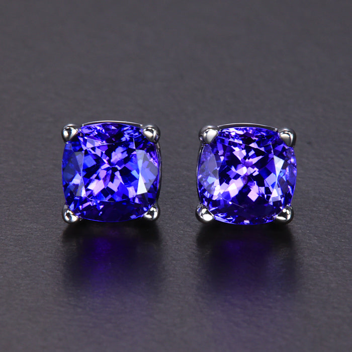 14k White Gold Square Cushion Tanzanite Stud Earrings 3.02 Carats