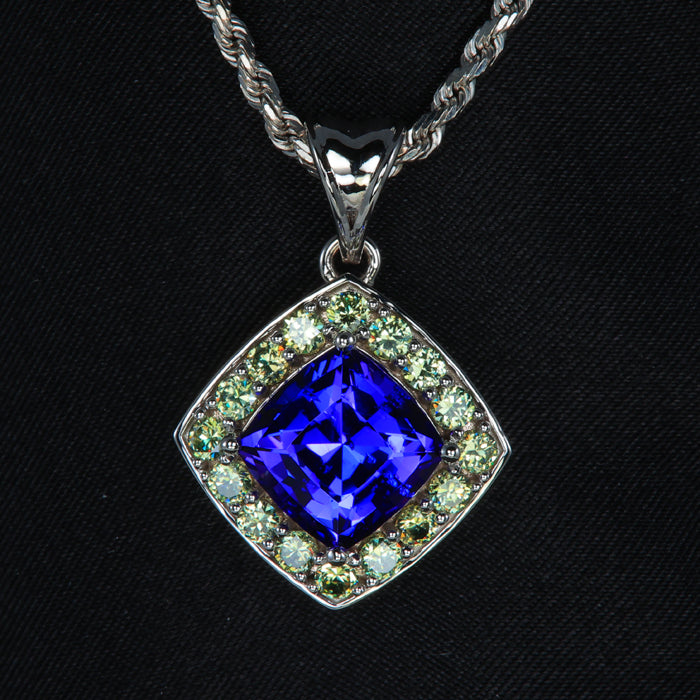 14K White Gold Tanzanite and Demantoid Garnet Halo Pendant 5.07 Carats