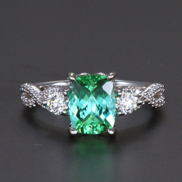 14k White Gold Antique Cushion  Cut Green Tourmaline and Diamond Ring 1.97 Carats