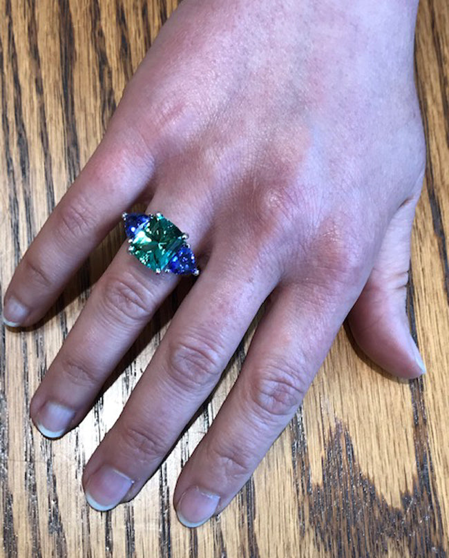 14k White Gold Barion Emerald Cut  Tourmaline and Tanzanite Ring 7.27 Carats