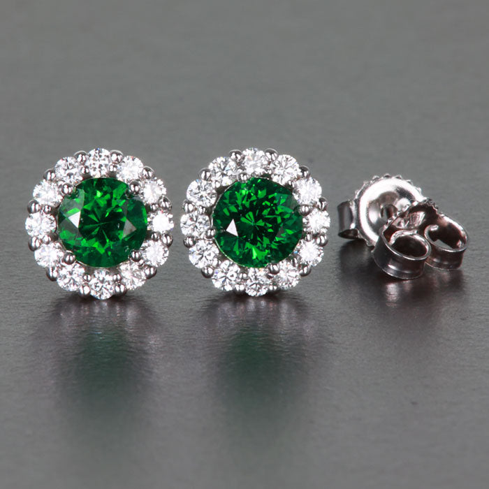 Tsavorite Garnet and Diamond Halo Stud Earrings