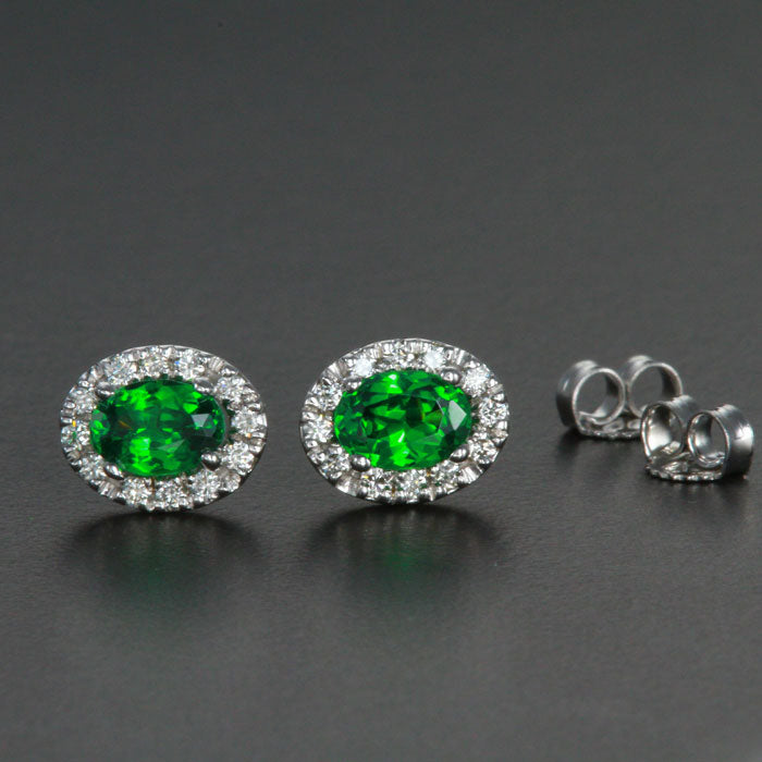 14k White Gold Tsavorite Garnet and Diamond Halo Earrings 1.06 Carats