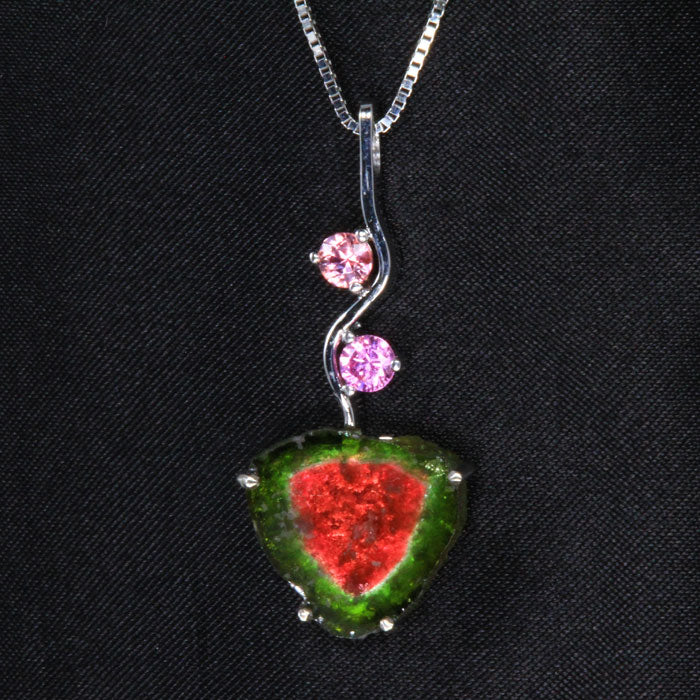 14K White Gold Watermelon Tourmaline with Sapphire Pendant