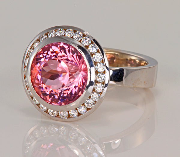 14K White Gold Portuguese Round Brilliant Pink Tourmaline and Diamond Ring