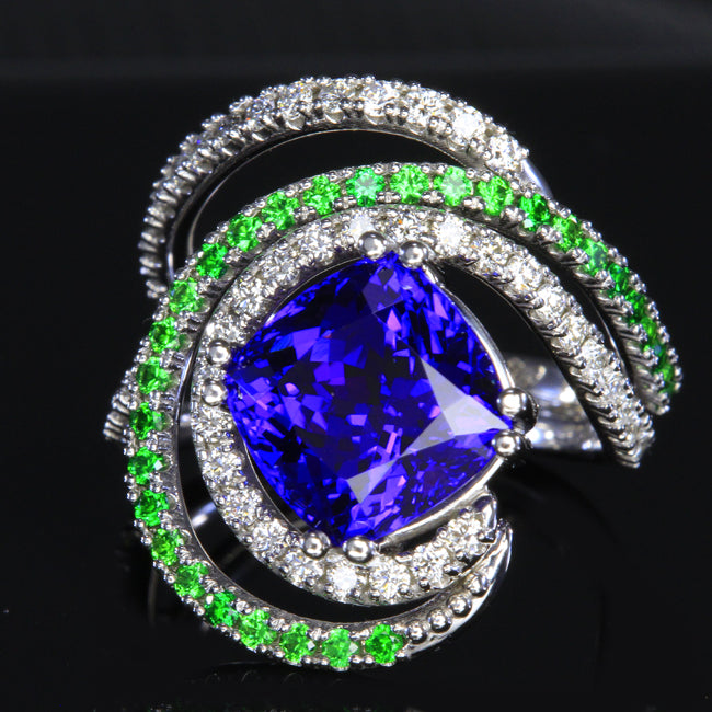 Tanzanite Ring with Diamond and Tsavorite Garnets