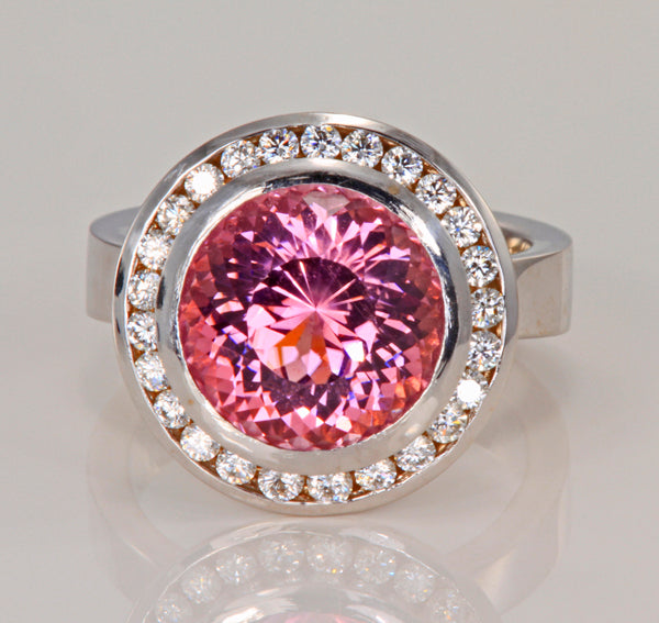 14K White Gold Portuguese Round Brilliant Pink Tourmaline and Diamond Ring