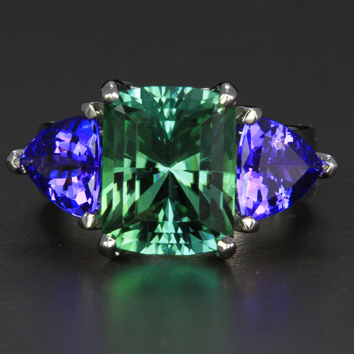 14k White Gold Barion Emerald Cut  Tourmaline and Tanzanite Ring 7.27 Carats